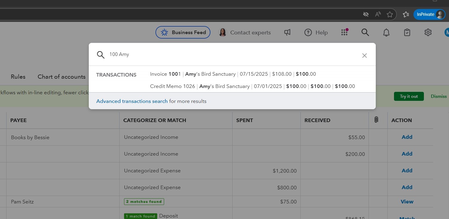 A screenshot of a QuickBooks Online interface displaying search results for transactions related to a customer named Amy.