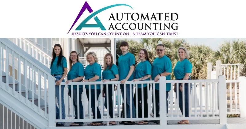 Automated Accounting Services team in teal shirts on a white deck, with logo above and a coastal background of palm trees and beach houses.
