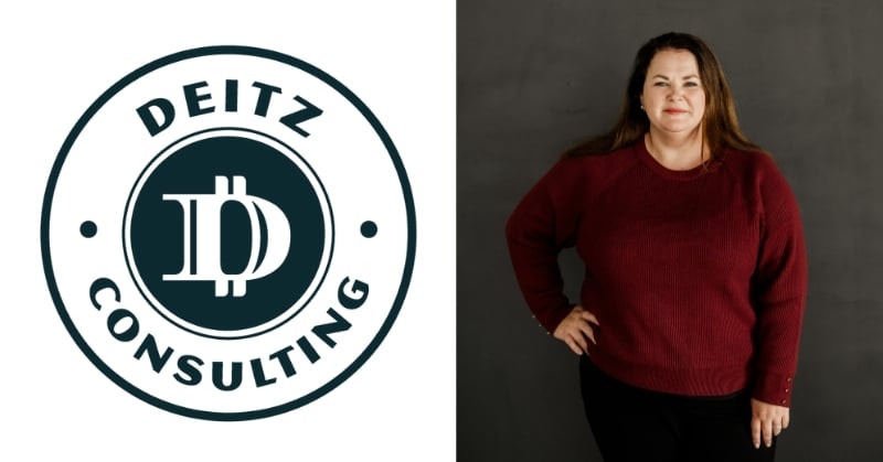 "Split image with the Deitz Consulting logo on the left, featuring a bold double 'D' inside a circular design with the words 'Deitz Consulting' around it, and a woman with long brown hair wearing a burgundy sweater and black pants standing confidently against a dark background on the right.