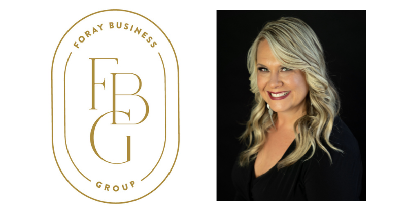 Foray Business Group logo on the left, featuring the initials FBG in a gold emblem, and a professional headshot of Elizabeth Bergen, founder of Foray Business Group, on the right.
