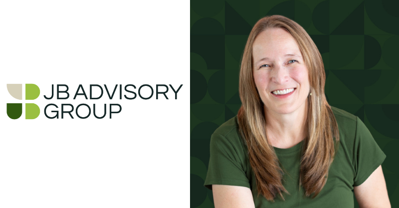 Juliebeth Malone, Founder and CEO of JB Advisory Group, smiling in front of a dark green patterned background. JB Advisory Group logo displayed beside her.