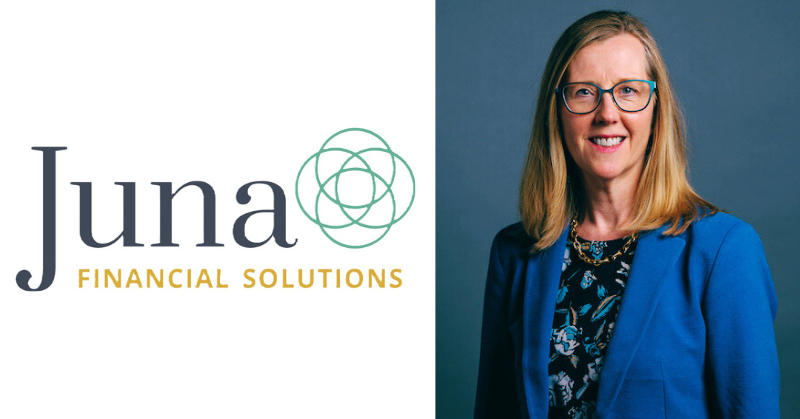 Portrait of a woman in a blue blazer and patterned blouse, smiling in front of a dark background. To the left, the logo for Juna Financial Solutions is displayed, featuring the company name and a geometric emblem in green.