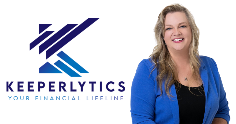 Nicole Scudder, founder of Keeperlytics, smiling and wearing a blue blazer, standing next to the Keeperlytics logo with the tagline "Your Financial Lifeline."