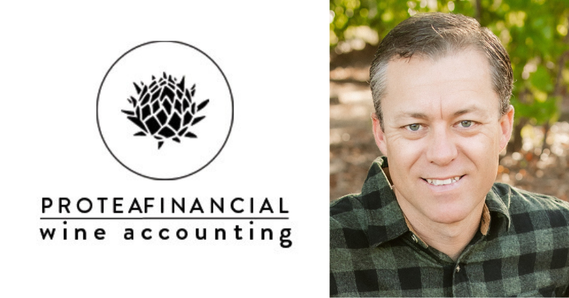 Side-by-side image featuring the Protea Financial logo, which includes a black protea flower within a circle above the words “Protea Financial – Wine Accounting,” and a headshot of a smiling man in a green plaid shirt, posed outdoors in front of blurred green foliage.