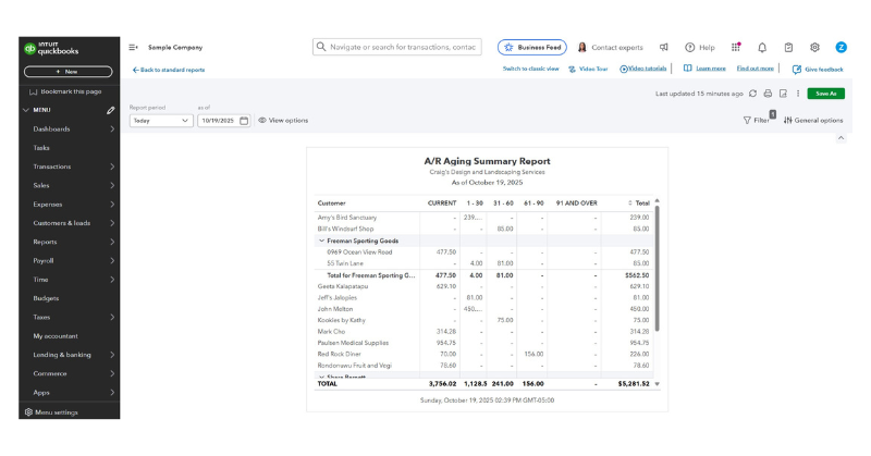 QBO accounts receivable screen