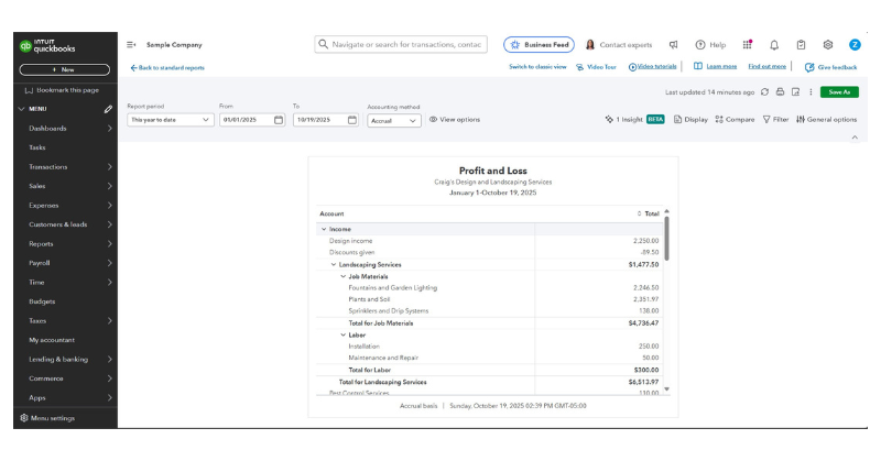 QBO profit and loss report screen