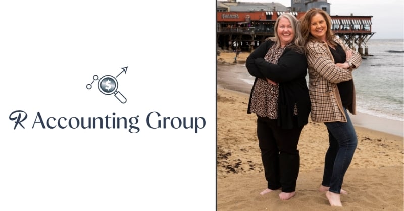 R Accounting Group logo on the left and two team members standing back-to-back barefoot on a beach, smiling confidently, with a pier and restaurant in the background.