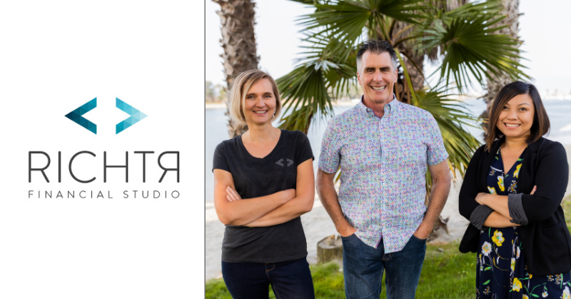 Three members of the Richtr Financial Studio team stand smiling outdoors in front of palm trees and a beach, with the company logo displayed beside them.