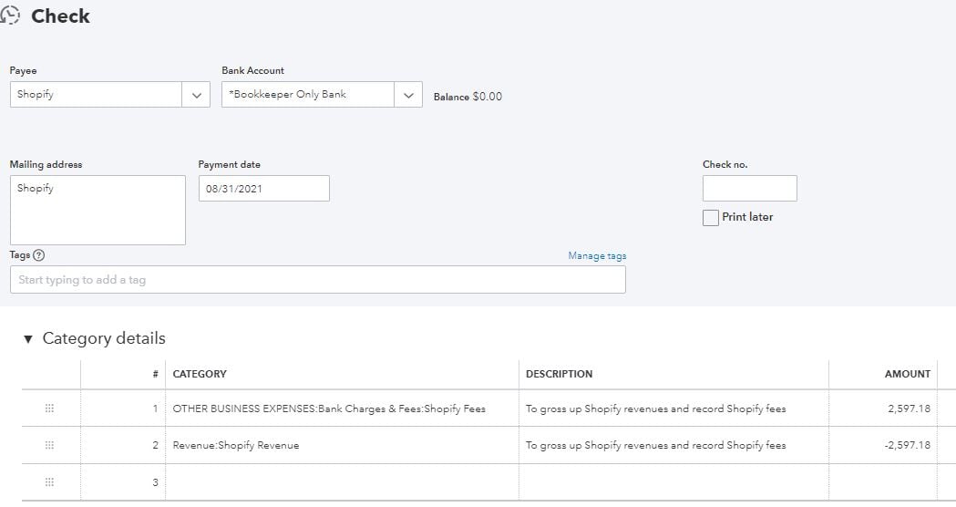Screen Shot 3 - Zero Dollar Check to Gross Up Revenues and add Shopify Fees
