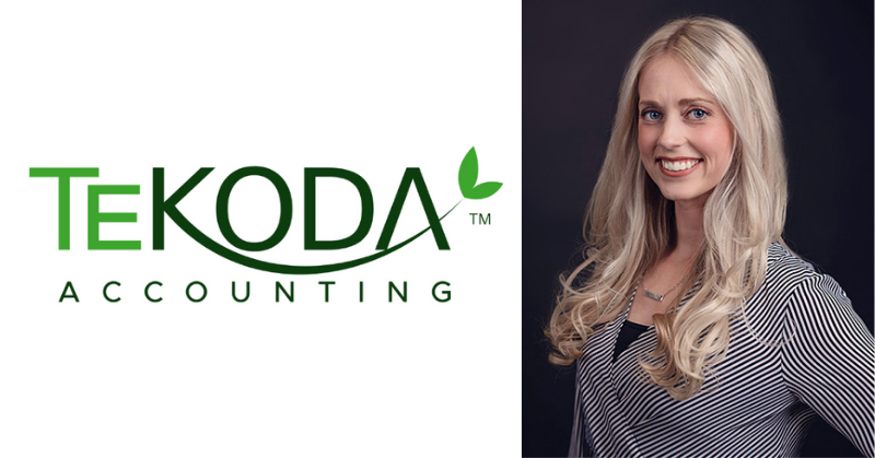 Logo for TeKoda Accounting next to a professional headshot of a smiling woman with long blonde hair.