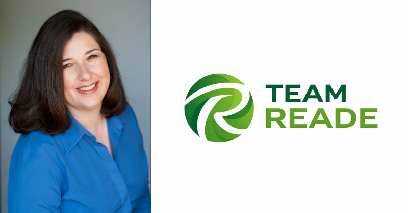 Professional headshot of Donna Reade, smiling and wearing a blue blouse, next to the Team Reade Inc. logo, which features a stylized green "R" and the company name in green text.