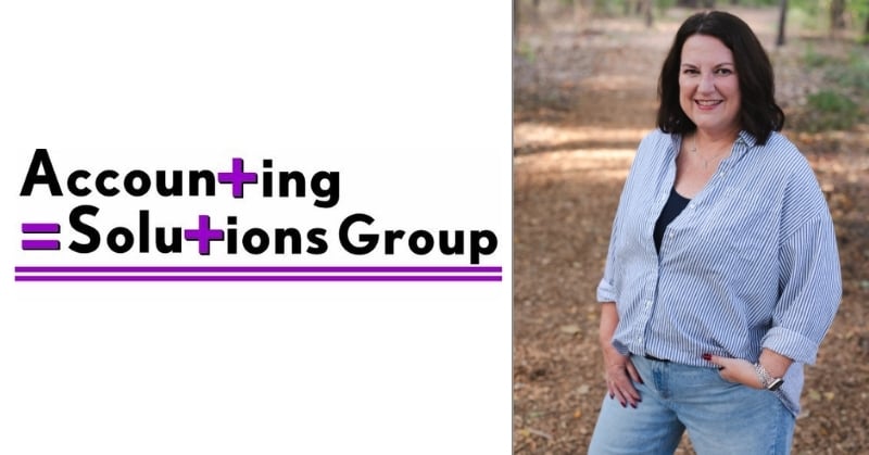 Split-screen image with the Accounting Solutions Group logo on the left and a smiling woman standing on a wooded path on the right.