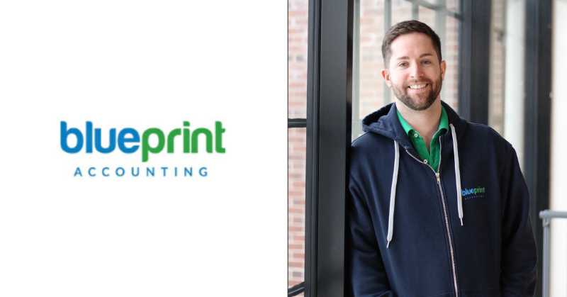 Split image featuring the Blueprint Accounting logo on the left and Brian Clare, CEO and Founder of Blueprint Accounting, smiling and leaning against a window on the right. He is wearing a navy hoodie branded with the company logo.