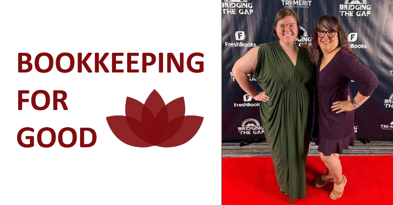 Two women stand on a red carpet in front of a backdrop with logos, beside the Bookkeeping for Good name and lotus flower logo.