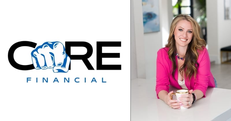 Sharrin Fuller, CEO of CORE Financial Pros, seated at a desk with a coffee cup, smiling, next to the CORE Financial logo featuring a stylized blue fist.
