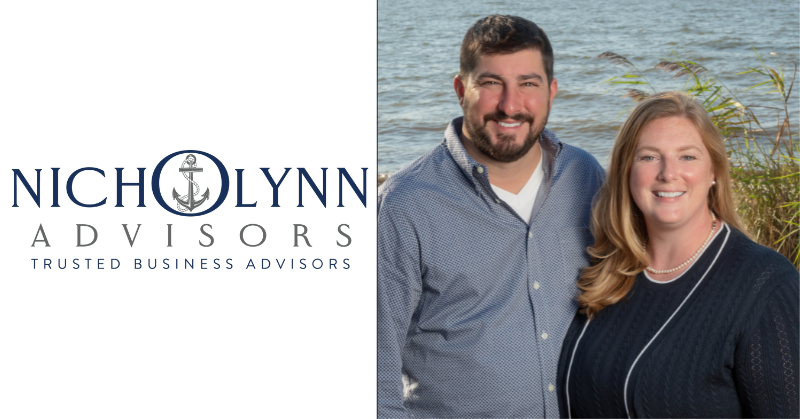 Nicholynn Advisors logo on the left with the tagline "Trusted Business Advisors." On the right, a man and woman—presumably part of the Nicholynn Advisors team—stand smiling in front of a waterfront backdrop.
