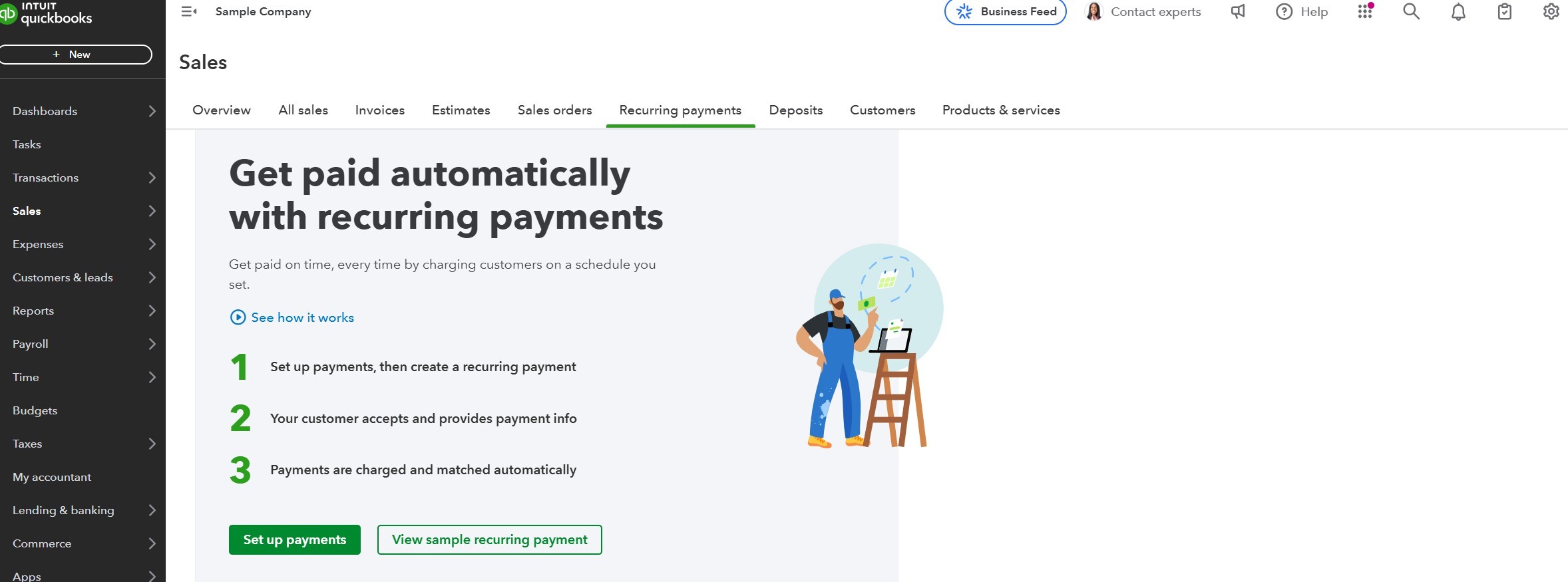 A screenshot of QuickBooks Online's "Recurring payments" setup page, showing steps to automate customer payments through scheduled billing.