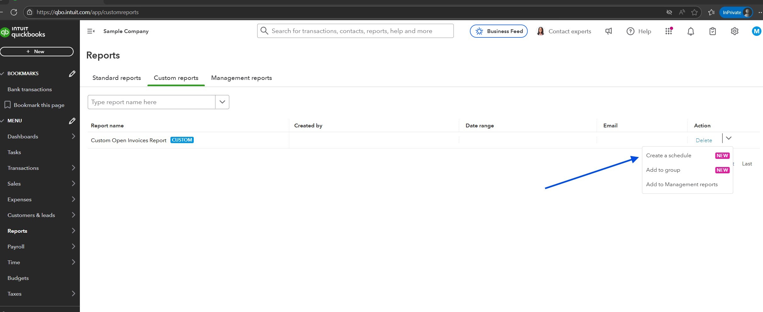 A screenshot of the Custom Reports section in QuickBooks Online, showing an option to create a schedule for a custom report.
