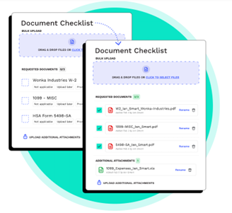 Side-by-side comparison of two digital document checklists, showing a before-and-after view of uploaded tax forms using an automated client intake system. One checklist shows empty placeholders for documents, while the other shows successfully uploaded and labeled PDFs with status indicators.