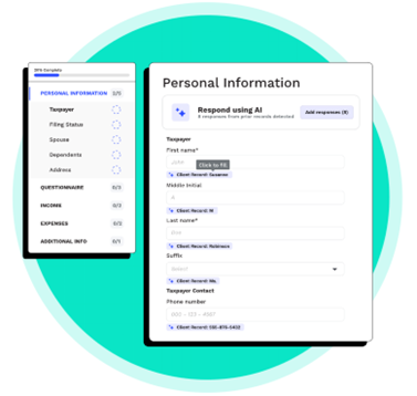 Digital form interface displaying a personal information intake screen, including fields for taxpayer details such as name and phone number, with AI-assisted response options. A sidebar navigation shows progress through various tax-related sections like income, expenses, and questionnaire.