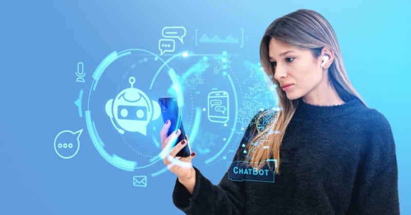 A woman wearing wireless earbuds looks at her smartphone while holographic graphics of a chatbot interface, chat bubbles, and data analytics appear in front of her, symbolizing artificial intelligence and digital communication.