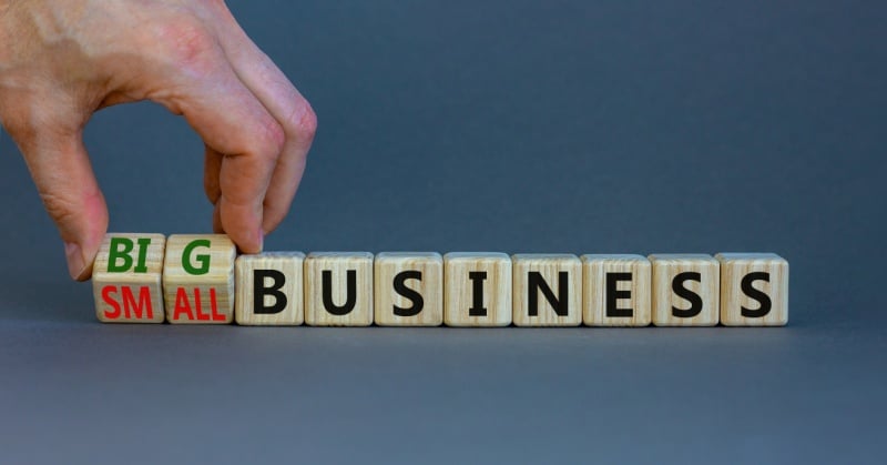 A hand flips wooden letter blocks to change the word 'SMALL' to 'BIG' next to the word 'BUSINESS,' representing the choice between running a small or big business.
