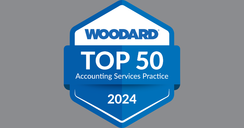 woodard top 50 accounting practice 2024 logo blue and white hexagon grey background