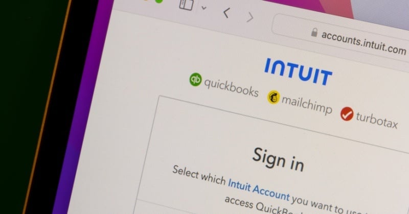 Close-up of an Intuit account sign-in page showing QuickBooks, Mailchimp, and TurboTax login options.