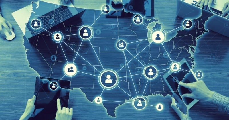 Illustration of a U.S. map with digital connection lines and user icons, surrounded by people using devices, symbolizing nationwide virtual collaboration.