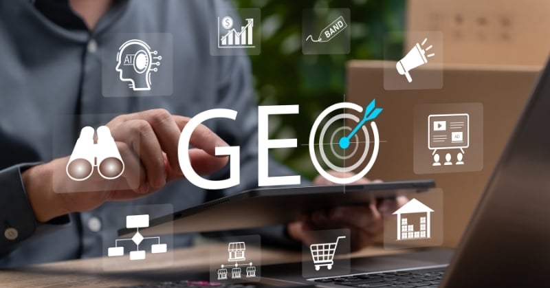 Person using a tablet with generative engine optimization (GEO), artificial intelligence, marketing, analytics, and targeting icons overlaid.