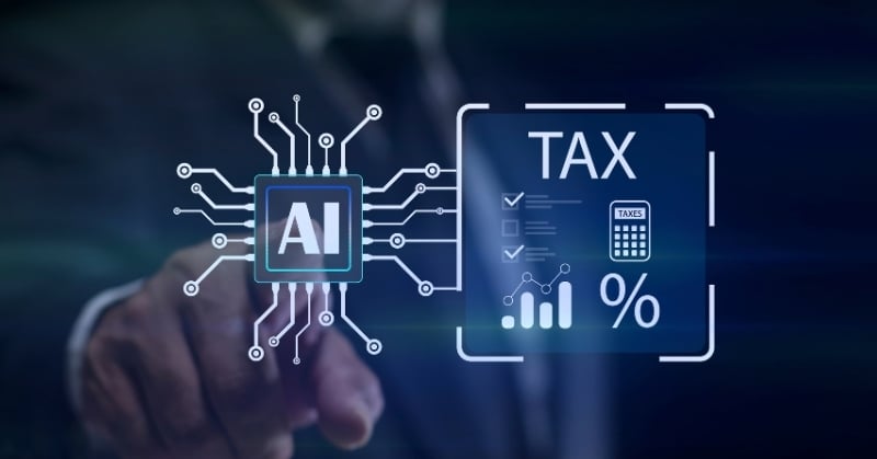 AI technology graphic illustrating artificial intelligence applied to tax preparation, calculations, and financial analysis.