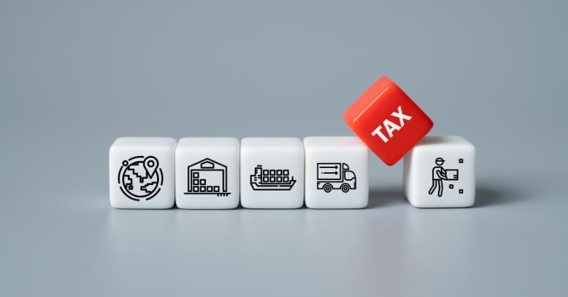 Tax nexus concept illustrated with icons for global activity, property, inventory, shipping, and sales beneath a red tax block.