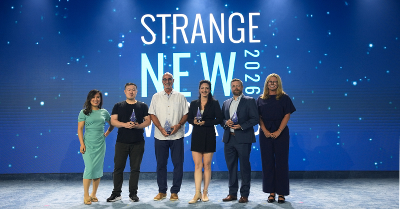 Award recipients standing on stage at the Strange New Worlds 2026 event with trophies in hand.