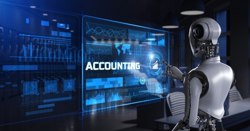 A humanoid robot interacts with a digital interface displaying "ACCOUNTING" and financial charts, symbolizing AI in accounting.