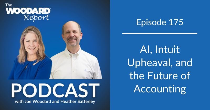 Promotional graphic for The Woodard Report Podcast Episode 175 featuring hosts Heather Satterley and Joe Woodard. The title reads, “AI, Intuit Upheaval, and the Future of Accounting.” The Woodard Report logo appears above the hosts' portraits on a blue background.