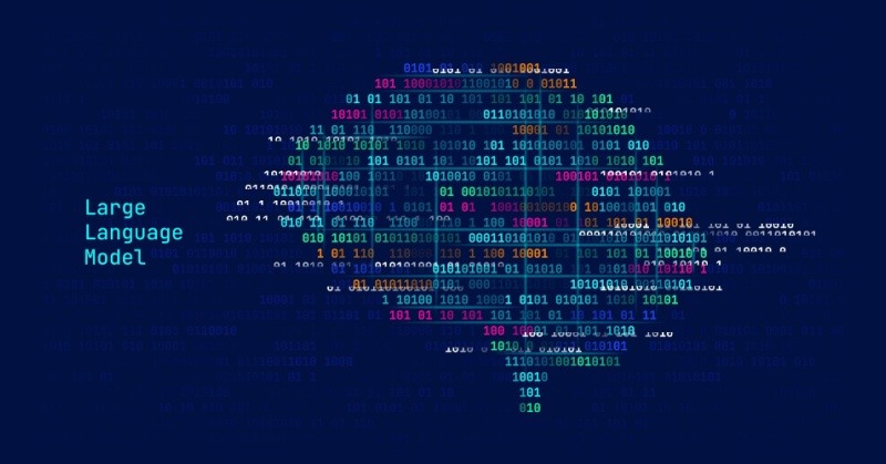 blue background multicolored diagram resembling a human brain with binary code making up the shape of the brain