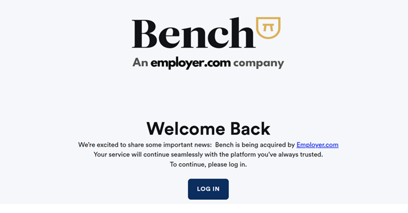 Bench website showing notice of acquisition by employer.com