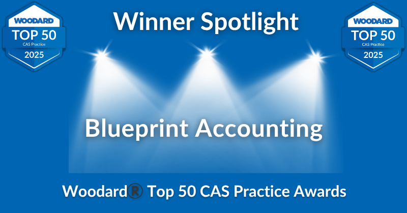 Graphic showing “Winner Spotlight” with three spotlights shining on the text “Blueprint Accounting,” framed by two Woodard® Top 50 CAS Practice 2025 award badges. Caption reads: “Woodard® Top 50 CAS Practice Awards.”