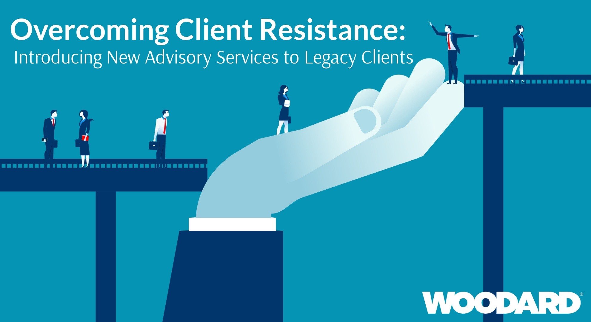 Overcoming Client Resistance business people elevating over a graphic hand to the next level