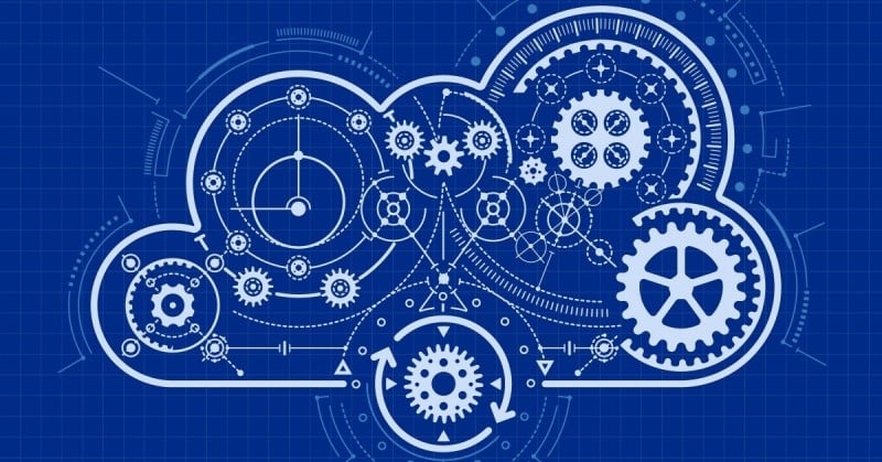 Illustration of cloud security technology with interconnected gears symbolizing cloud data protection and operational mechanisms.