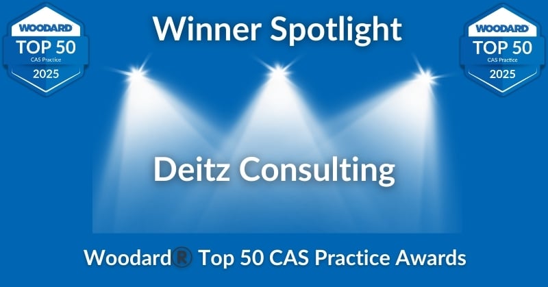 Blue graphic with three spotlights highlighting the text ‘Winner Spotlight Deitz Consulting.’ At the top corners are two badges that read ‘Woodard Top 50 CAS Practice 2025.’ Bottom text reads ‘Woodard® Top 50 CAS Practice Awards.
