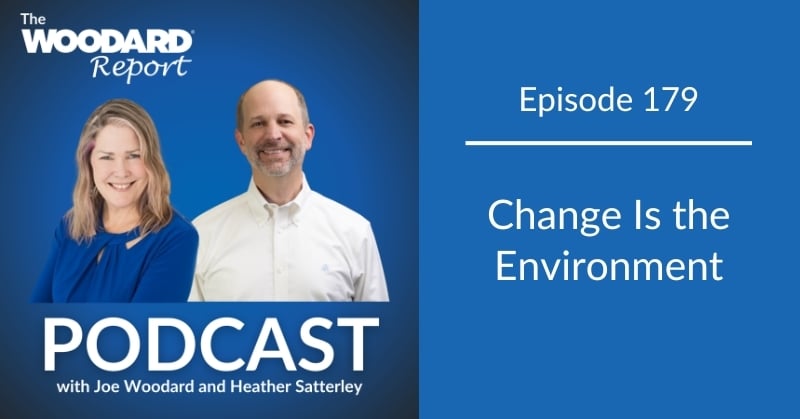 The Woodard Report Podcast Episode 179 graphic featuring Joe Woodard and Heather Satterley with the title “Change Is the Environment.”