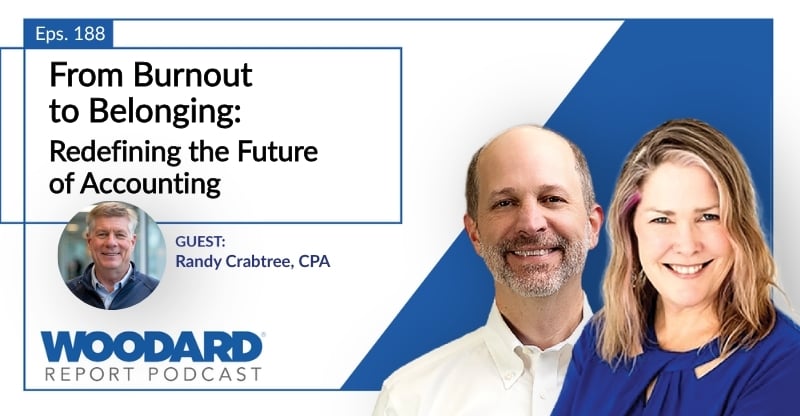 Woodard Report Podcast Episode 188 graphic featuring Joe Woodard, Heather Day, and guest Randy Crabtree, CPA, with the title “From Burnout to Belonging: Redefining the Future of Accounting.”
