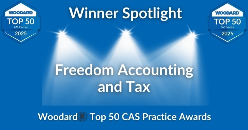 "Spotlights shine on the name Freedom Accounting and Tax, highlighting it as a winner in the 2025 Top 50 CAS Practice Awards. The design includes a dark background, illuminated text, and award badges in the top corners.