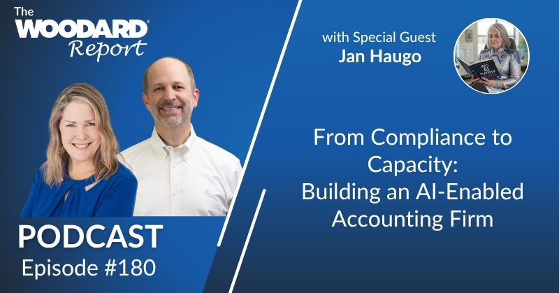 Promotional graphic for The Woodard Report Podcast, Episode 180, featuring the hosts and special guest Jan Haugo with the title “From Compliance to Capacity: Building an AI-Enabled Accounting Firm.”