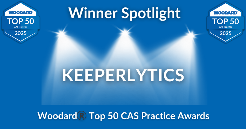 Graphic featuring “Winner Spotlight: Keeperlytics” with stage lights and Woodard® Top 50 CAS Practice Awards 2025 badges on each side.