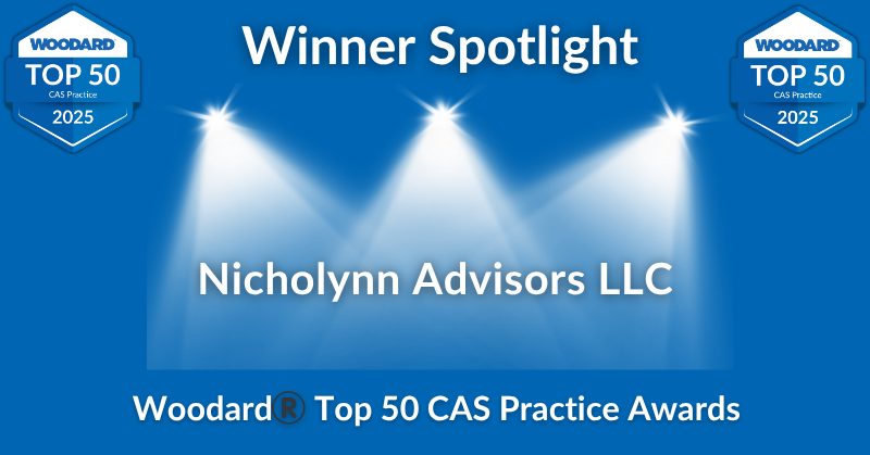Graphic announcing Nicholynn Advisors LLC as a 2025 Woodard Top 50 CAS Practice winner. Blue background with spotlight effect and award badges on both sides.