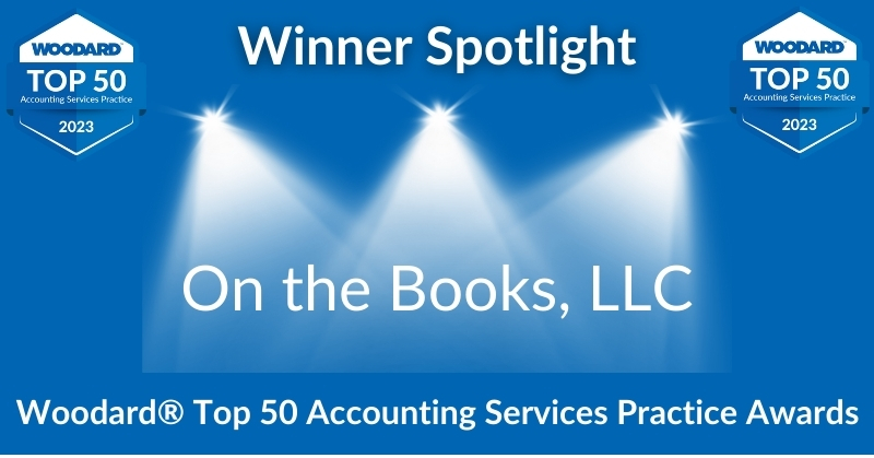 On the Books LLC Top 50 Accounting Services Practice Winner blue background white text spotlight graphics in background