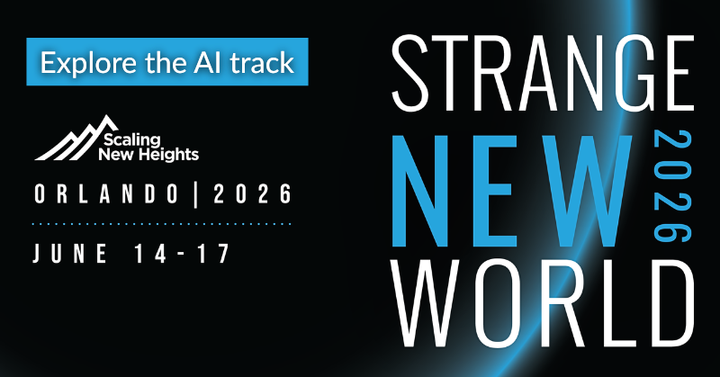 Promotional graphic for Scaling New Heights 2026 in Orlando, June 14–17, featuring the theme “Strange New World” and a call to explore the AI track.