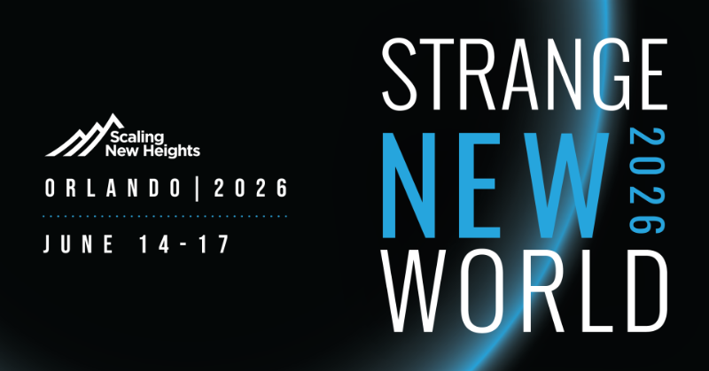 Wide event banner on a dark, space-like background with a blue glow. Left side shows the “Scaling New Heights” logo and the text “ORLANDO | 2026” and “JUNE 14–17”; right side features large stacked title text “STRANGE NEW WORLD” with “NEW” in blue and “2026” vertically along the edge.